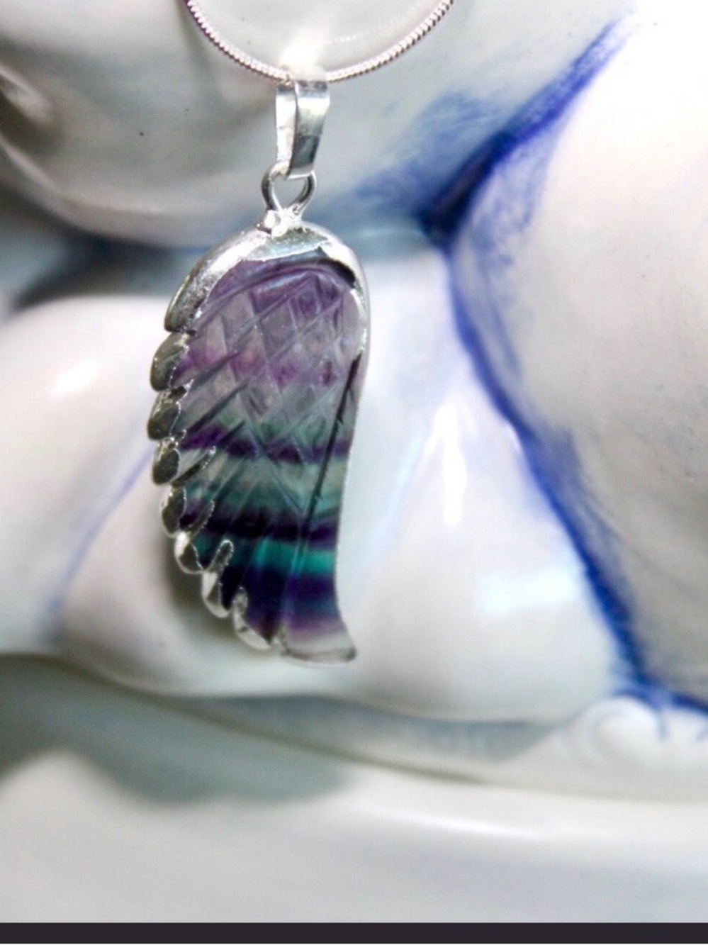 Stainless steel silver color Wing Pendant Necklace with Purple & Green Fluorite